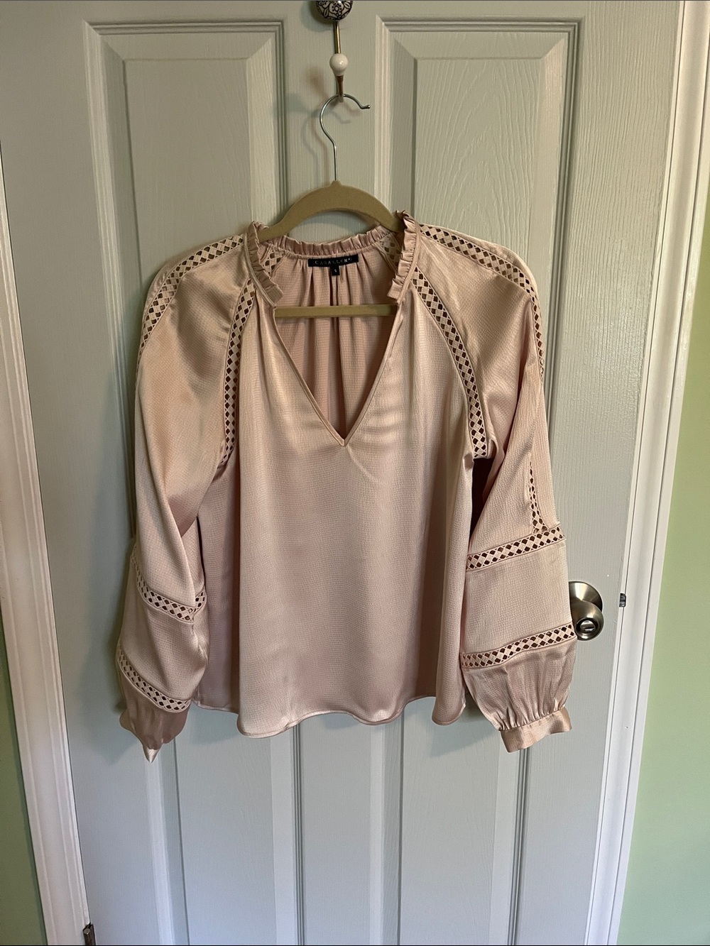 Light Pink V-Neck Lace-Trim Balloon Sleeve Blouse